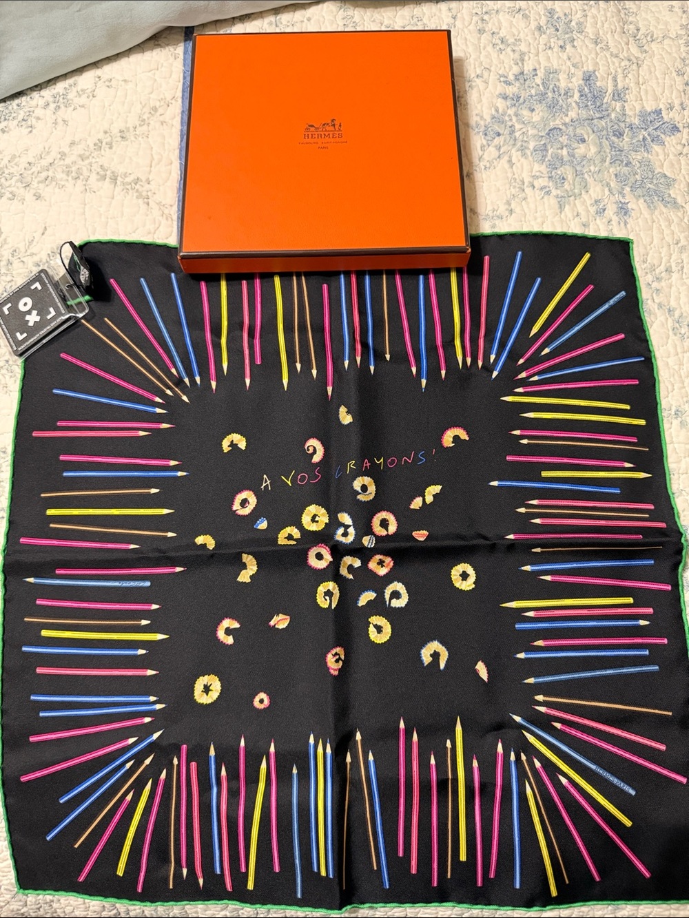 Hermes Black Scarf with Multicolor Pencil Motif